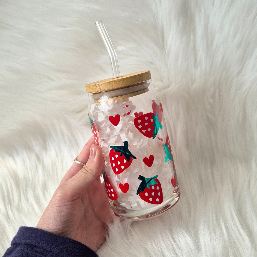 Strawberry Glass Can - Cute Iced Coffee Cup