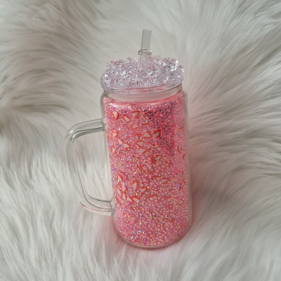 Rhinestone Filled Strawberry Tumbler With Ice Top Lid