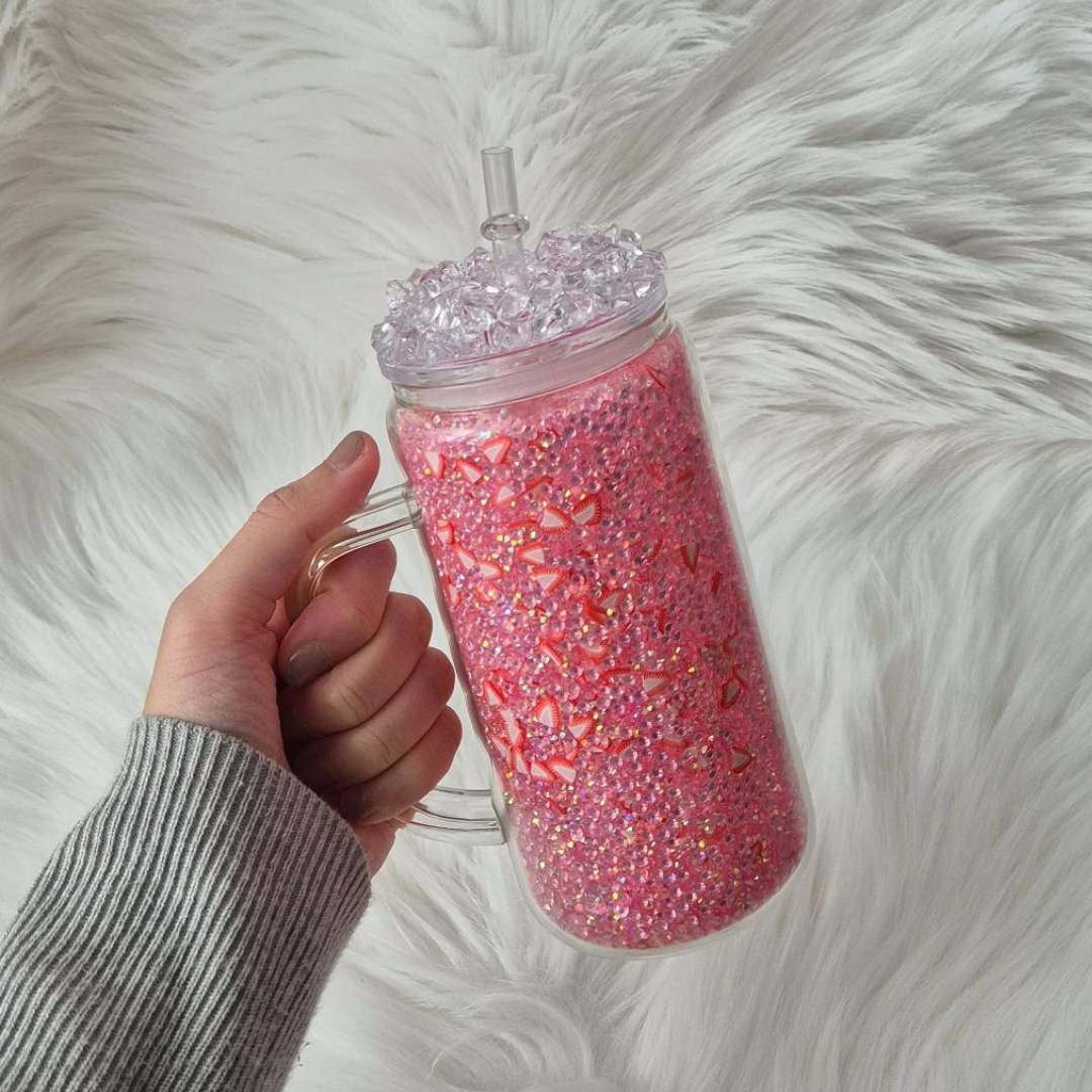 Rhinestone Filled Strawberry Tumbler With Ice Top Lid