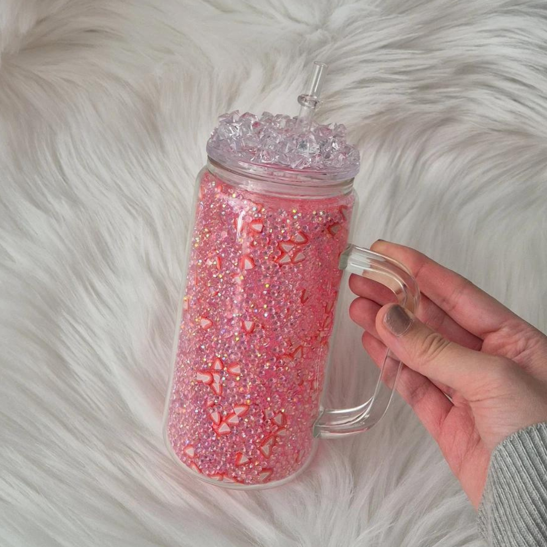 Rhinestone Filled Strawberry Tumbler With Ice Top Lid