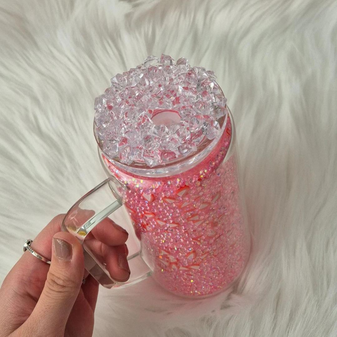 Rhinestone Filled Strawberry Tumbler With Ice Top Lid