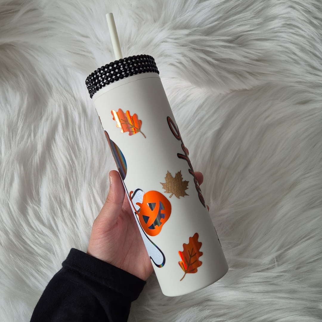 Disney Minnie Mouse Ghost Tumbler With Autumn Leaves