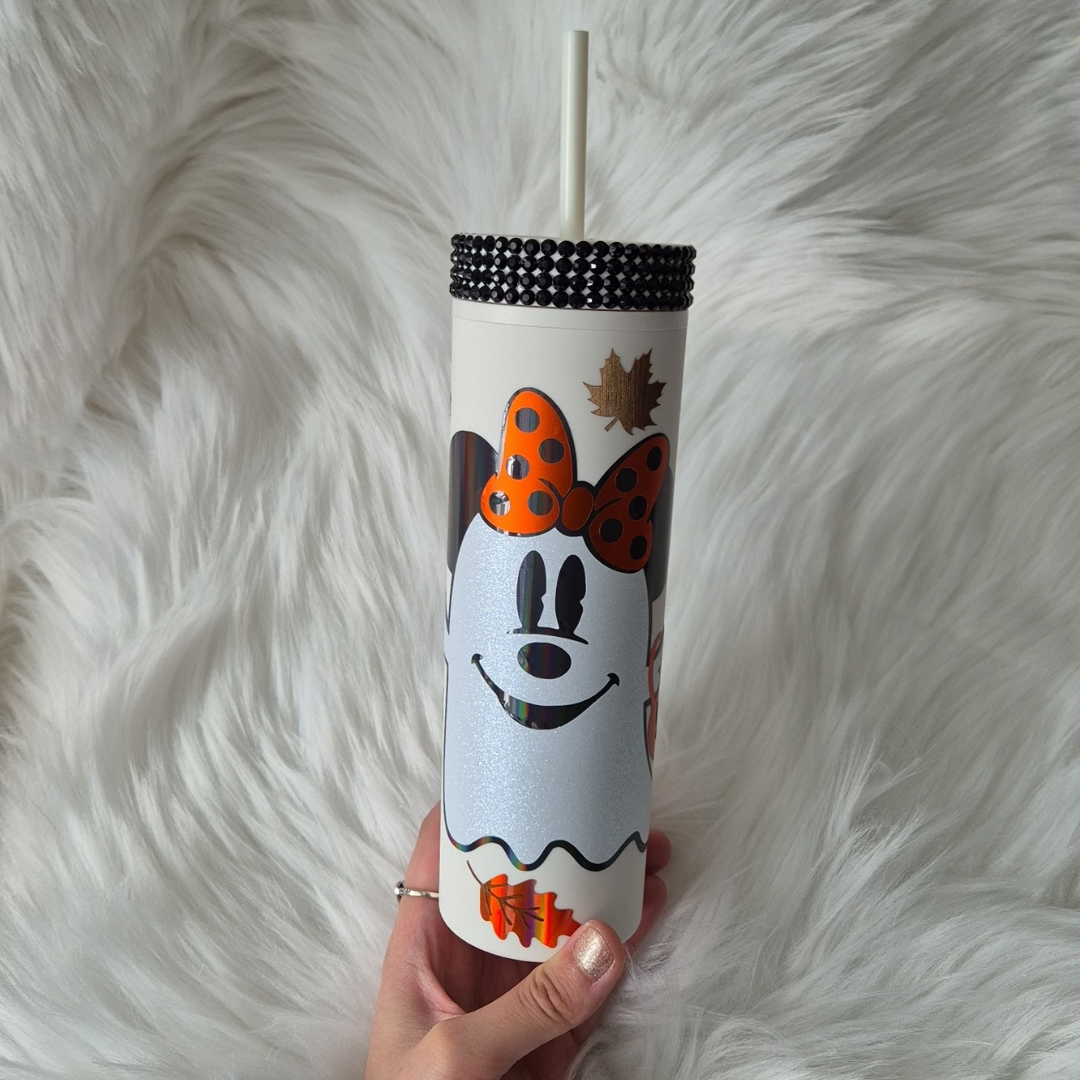 Disney Minnie Mouse Ghost Tumbler With Autumn Leaves