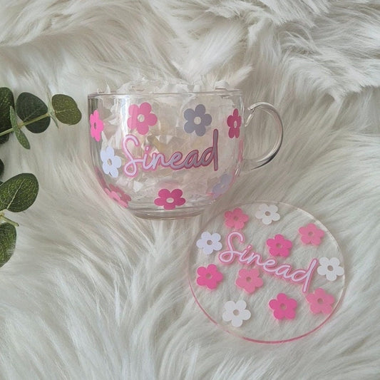 Flower Glass Mug Personalised | Matching Coaster
