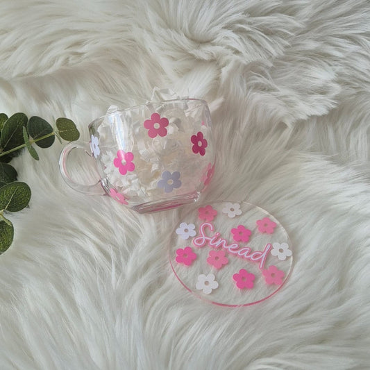 Flower Glass Mug Personalised | Matching Coaster