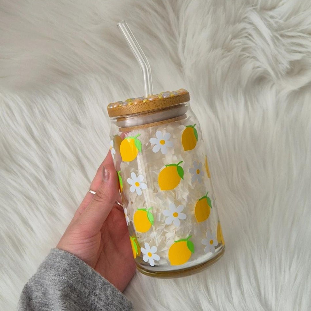 Lemon & Daisy Glass Can With Rhinestone Lid