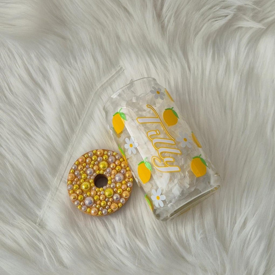 Lemon & Daisy Glass Can With Rhinestone Lid