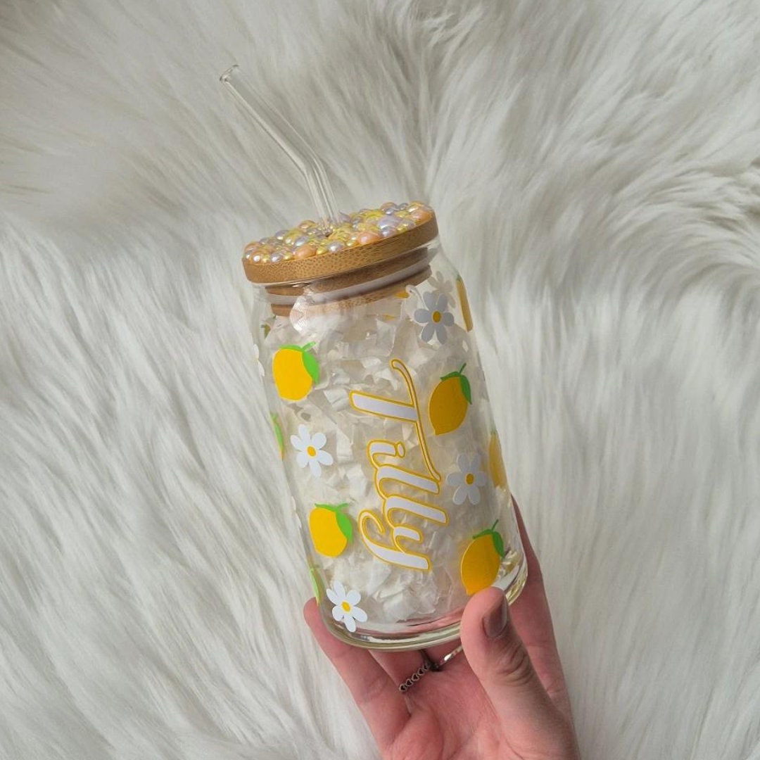 Lemon & Daisy Glass Can With Rhinestone Lid