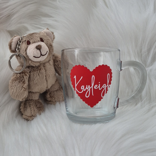 Valentines Bear Keyring & Heart Glass Mug Gift Set