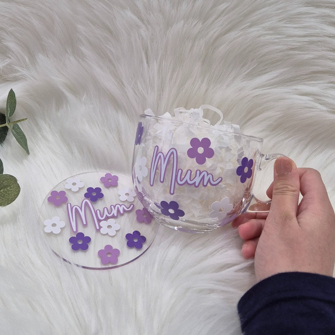 Personalised mum mug - Flower mug and coaster matching set