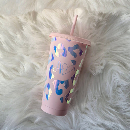 Holographic Leopard Print Tumbler With Initials