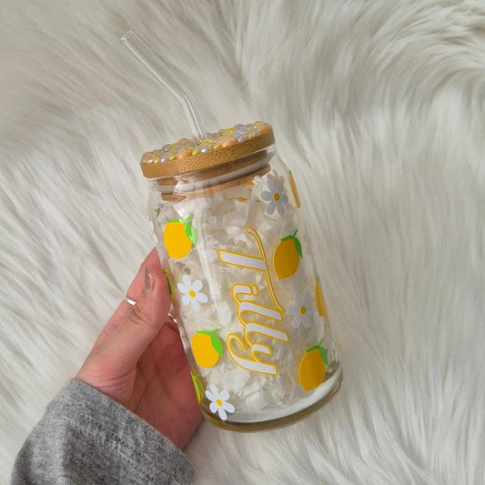 Lemon & Daisy Glass Can With Rhinestone Lid