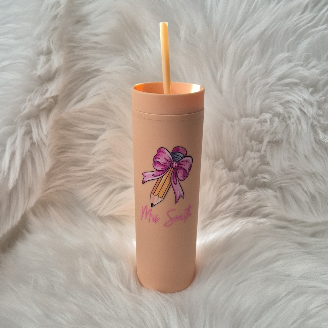 Coquette crayon bow teacher tumbler