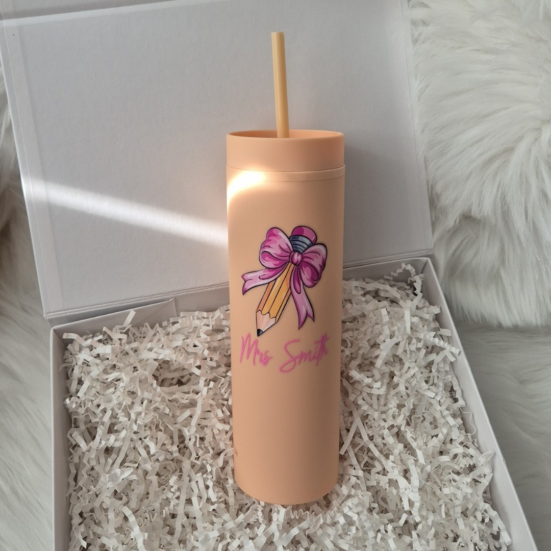 Coquette crayon bow teacher tumbler