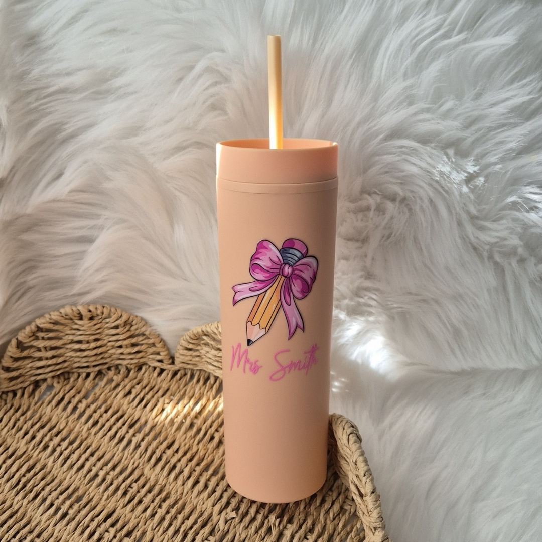 Coquette crayon bow teacher tumbler
