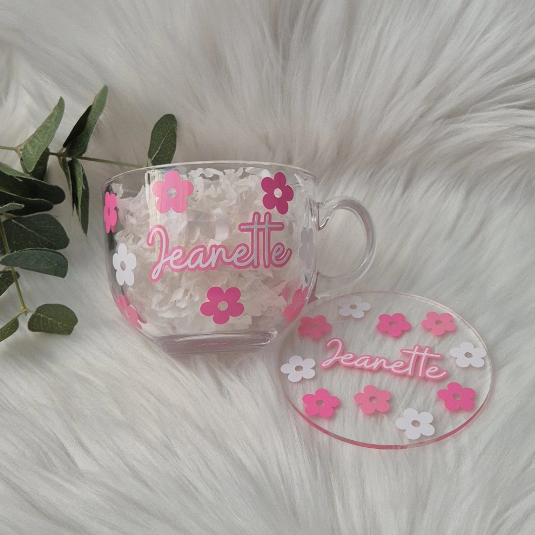 Flower Glass Mug Personalised | Matching Coaster